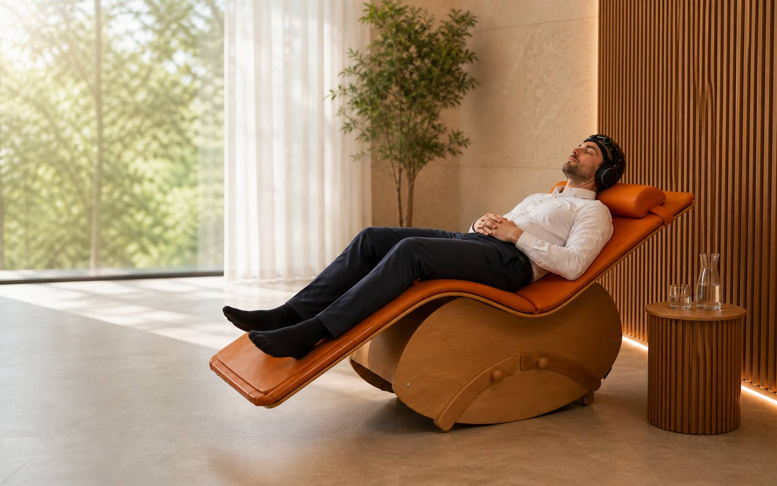 Führungskraft entspannt auf einem orangefarbenen Neuroflexion Lounger in einem ruhigen Regenerationsraum